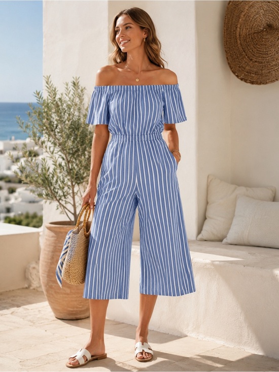 Ambiance Pants - Ambiance Blue White Striped Off Shoulder Culotte Jumpsuit Coastal Size S